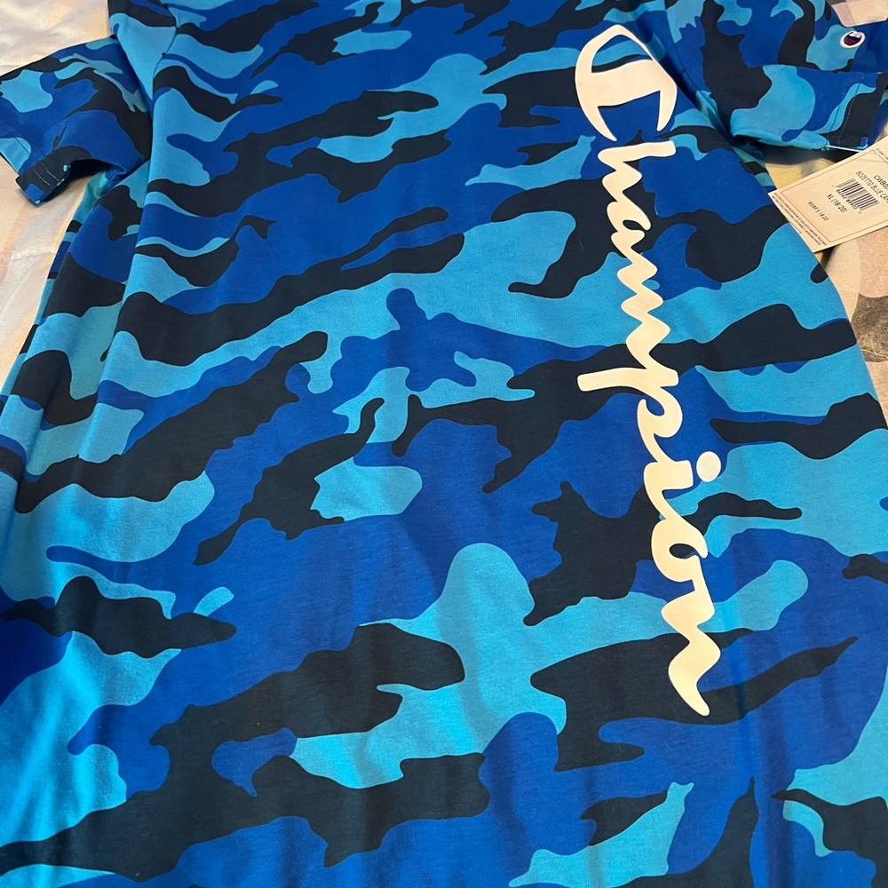 Champion Blue Camouflage Crewneck Tee with turquoise and black